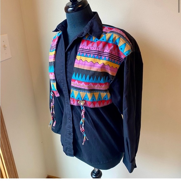 WRANGLER Frontier Series Top Button Down Western Aztec 80s Vintage Large - Picture 1 of 8